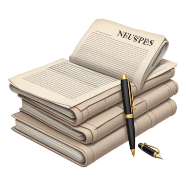 Create an emoji representing journalism and publicistic writing. The design should feature a stack of newspapers as the base, with an open working notebook placed on top of them. A single fountain pen should rest on the very top of the notebook, symbolizing the act of writing. Use neutral, professional colors like black, white, and muted tones to convey a sense of seriousness and intellect. Do not include any emojis or smiley faces. Make the background transparent. sticker