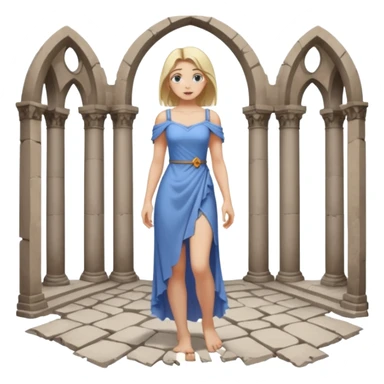 Female figure standing barefoot in ruined cathedral, dress slipping from shoulder sticker