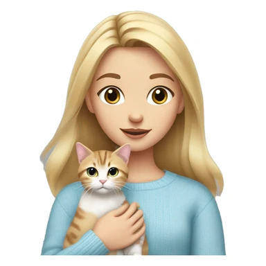Blond chin lenght hair girl in a light blue sweater holding a tabby cat with white paws and face sticker