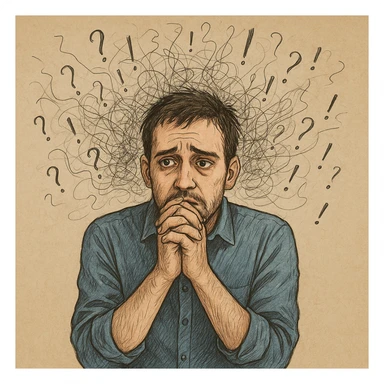 Realistic or illustrative style image of a 30-year-old man suffering from anxiety, inspired by the reference image. The man has a lost gaze, nervously clasping his hands. The background shows graphic signs of disordered thoughts, conveying an atmosphere of mental discomfort. sticker
