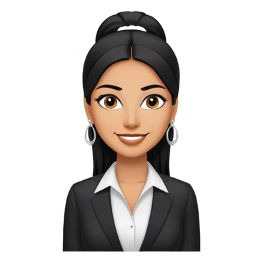 beautiful fit tall woman boss, with long straight black hair, with make up, black eye liner, smile, mexican, brown skin, wearing beautiful profesional outfit and white earings sticker