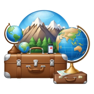 An icon featuring a suitcase, a hotel bell, and a globe, symbolizing tourism and hospitality. The design includes a scenic landmark, like a mountain or beach, and a check-in desk, representing travel and accommodation services. Transparent background sticker