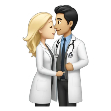 white doctor girl with black hair kissing a white man with blond hair and a jacket sticker