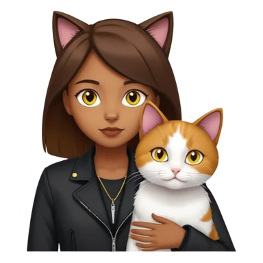 A brown straight-haired girl wearing black jacket with a white cat with yellow eyes and a calico cat sticker