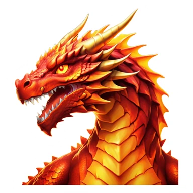 Cinematic Noble Fierce Fire Dragon Portrait Emoji, Poised and imposing, with a muscular, scaled body ablaze in fiery hues of crimson, molten orange, and molten gold, and intense, burning eyes that mirror the heart of a volcano; rendered with lifelike texture and dynamic natural highlights, high shine, formidable and intense, styled with an aura of scorching mythic power, focused and resolute, soft glowing outline, capturing the essence of a legendary inferno poised to ignite the screen with timeless ferocity! sticker