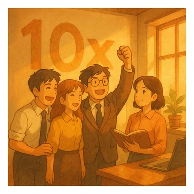 ghibli style inspirational team scene, subtle '10x' in background, warm palette sticker
