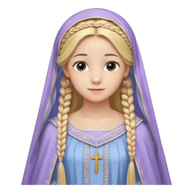 Joven de unos 20 años, de aspecto dulce y elegante.
Piel clara, ojosy expresivos, sonrisa triste.
Rubio o castaño claro, largo, con trenzas o velo.
-Vestido largo de tonos suaves (blanco, azul o lavanda), con bordados dorados; un manto o toca fina cubriendo la cabeza. de cuerpo entero  sticker