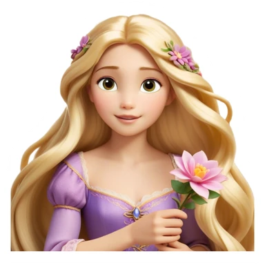 Cinematic Realistic Rapunzel Portrait, with porcelain-like skin featuring a subtle, natural glow, illuminated by soft lighting that brings out the gentle contours of her face. Her long, golden blonde hair cascades in detailed waves, each strand highlighted with a radiant shimmer as it catches the light. She playfully holds a flower in one hand, her other hand resting casually in her lap, with a warm and spirited expression. Her bright, expressive green eyes exude curiosity and warmth, framed by delicate lashes and soft, arched brows. She is dressed in her classic lavender and pink gown, the fabric textured with delicate folds that flow naturally, catching the light with a soft, radiant glow. The portrait captures a luminous, enchanting aura, seamlessly blending realism with a whimsical, fairytale charm, evoking a timeless sense of beauty and magic. sticker