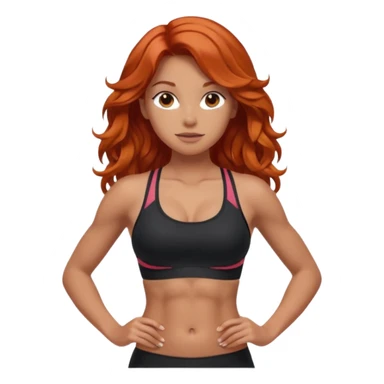 Athletic girl with long light red wavy hair and smaller boobs bigger arms. middle part and black sports bra, long hair, show stomach sticker