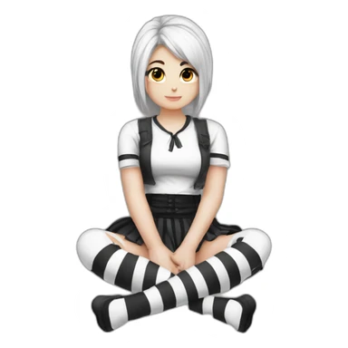 Frontal view curvy emo girl sits white skirt striped stockings hands up sticker