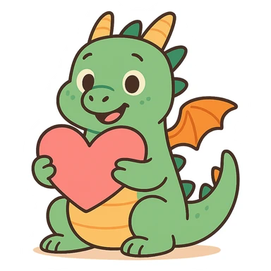lovable little dragon holding a heart sticker