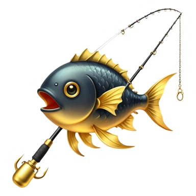 black magical fishing rod with gold chains and gold aura fishing a gold anglerfish sticker
