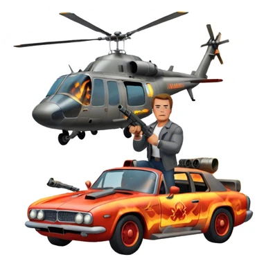Icon for Action Movies: Arnold Schwarzenegger in the lead role, in an intense action pose with weapons, explosions, a car and helicopter flying out of flames in the background. The design should capture the explosive energy and heroism of classic action films. Transparent background. sticker