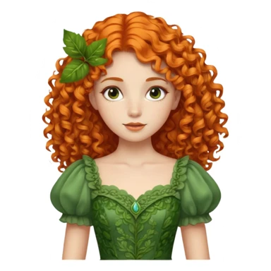 orange curly hair beautiful princess full body in leafy green dress elegant sticker