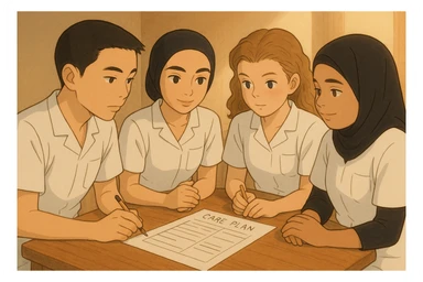 Same Ghibli style scene with the four nursing students discussing around a care plan. They wear short-sleeved white uniforms with V-neck, left chest pocket, no stand-up collar, no stethoscopes, and nothing protrudes from the sleeves. sticker