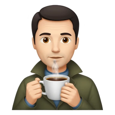 A handsome 45 year old white man with dark hair in a fog drinking a cup of coffee sticker