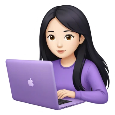 Long hair asian woman working on lavender laptop with brown eyes sticker