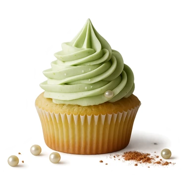 Change the icing to pistachio (light green), keep the realistic cupcake and accessories, photorealistic style, transparent background. Maintain the photorealistic look and details of the cupcake and accessories with a light green pistachio icing. Remove the background to make it transparent. sticker