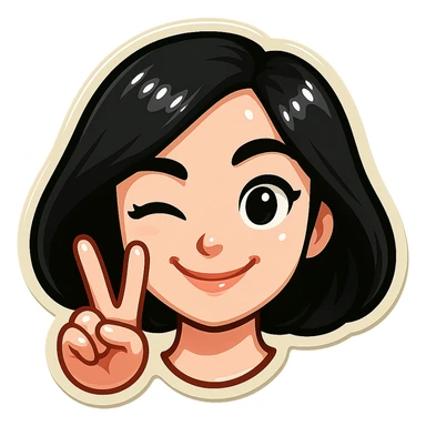 Add a beautiful manicure on the fingers showing the V (peace) sign. Keep the white skin, cute and beautiful appearance. Style is classic Telegram stickers with neat facial features, resembling Samsung Sam but with head only (no neck). The girl is smiling and winking (one eye open, one eye closed). Clean, bright, cartoon style suitable for a Telegram bot profile. White background. sticker