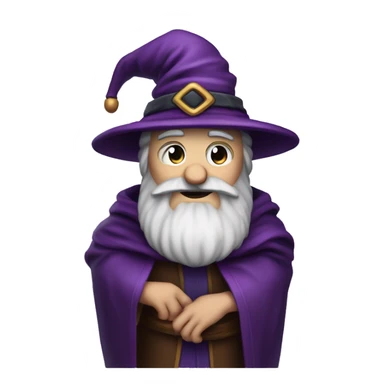 Create an emoji of a wizard. They wizard should have a big dark purple beard. And a magician hat. The wizard should have small cirkels as eyes and a slightly happy expression sticker