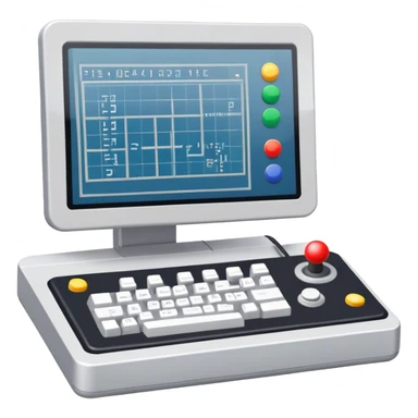 Emoji for Game Design: computer screen with Professional game development interface, 3D models, pixel art and design tools like grid, wireframe, gamepad, joystick, stylus. Symbolizes the technical and creative process of game development. Transparent background. sticker