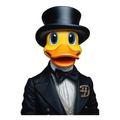 Uncle Scrooge Rubberduck in Dior Gucci Hermes, oil paint, mysterious eyes, intricate lips, masterpiece portrait , odd perspective, beautiful, desirable, logical sticker