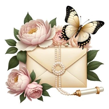 An antique love letter bundle, tied with an ivory silk ribbon, accompanied by dried blush pink roses, white peonies, and dahlias, with a pearl butterfly seemingly admiring the golden calligraphy.
 sticker