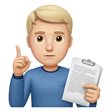 A white man stands with a serious face and points at his hand holding papers. sticker