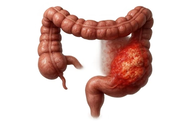 colon umano anatomico realistico malato di cancro, fai un punto visibile in cui si nota proprio la massa tumorale,+ iperrealistico 4k sticker