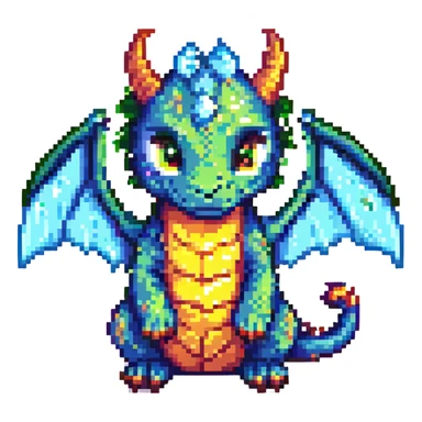 pixel art dragon with tiny wings, chibi proportions, bright palette sticker