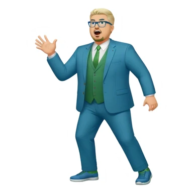 Full Body plus size white male yelling basketball team manager with glasses blondish gray short hair with a goatee wearing blue and green suit sticker