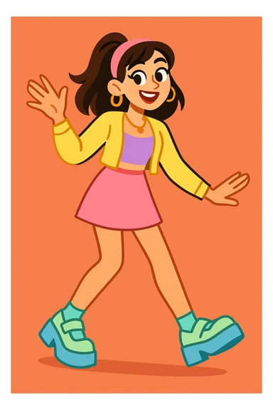 dressed up woman in a cool Gen Z look, pastel colors, mini skirt, platform shoes, fun and energetic expression sticker