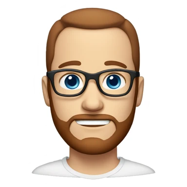 white dude, blue eyes, dark red hair, receding hairline, glasses, beard sticker