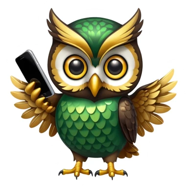 Black Green golden owl with shiny feathers. Holds a phone in the wing sticker
