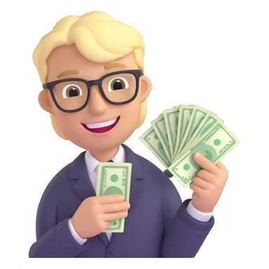 blond man wearing black glasses, holding cash, greedy smile sticker