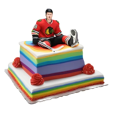 Jonathan Toews laying on a rainbow cake sticker