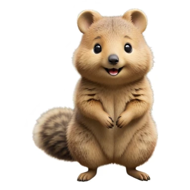 cinematic-quokka-realistic-full-body-standing on its hind legs hunched over-emoji,-small-round-frame-balanced-on-tiny-strong-hind-legs,giant fluffy cheeks large smile-fluffy-brown-fur-radiating-a-warm-softness,-big-round-eyes-filled-with-joy-and-innocence,-tiny-clawed-paws-held-close-to-chest,-cheerful-smile-exuding-endearing-happiness,-simplified-yet-realistic-focused-features,-highly-detailed,-glowing-with-a-sunny-warmth sticker