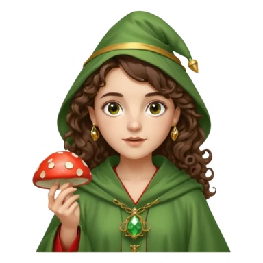 very beautiful italian girl, dark brown eyes, looking like Emma Watson, with curly and big volume very bright brown hair, and a golden piercing ring in nose on left side, dressed in a beautiful wizard robe of green colors, holding red fly mushroom sticker