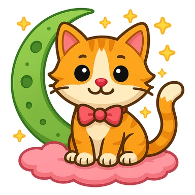 Add small yellow stars around the green moon, keep the cat with pink bow, in emoji style with no background. sticker