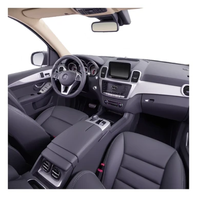 3D style image of the interior of a 2015 Mercedes Benz ML350, black leather seats, dashboard and steering wheel, luxury SUV details, close-up of dashboard and center console sticker