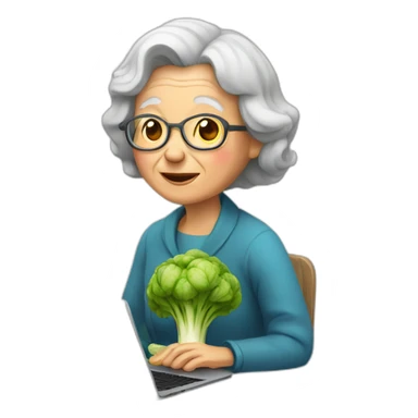 Old woman sitting with laptop and a vegetable sticker