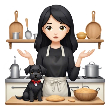 pale girl with long black hair wearing black long sleeve tshirt wearing apron and baking holding black floppy ear schnauzer sticker