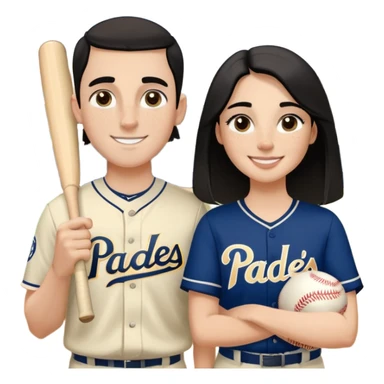 White Smiling couple. Girl has medium cheeks and a lot of freckles on the nose. Long hair. The boy has black short hair and prominent eyebrows with egipcian nose. Both are wearing “Los Padres” baseball jerseys and with a sign that says “Go Padres” sticker