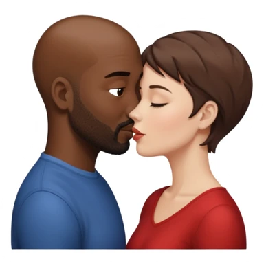 a white woman with short brown hair and a black man with no hair and a beard are facing one each other and the woman is giving a kiss to the man's forehead sticker