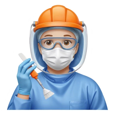 A meticulous cleanroom worker dressed in full protective gear, including a blue sterile suit, a face mask,  and orange gloves.  cleaning glasses with a wipe in one Hand sticker