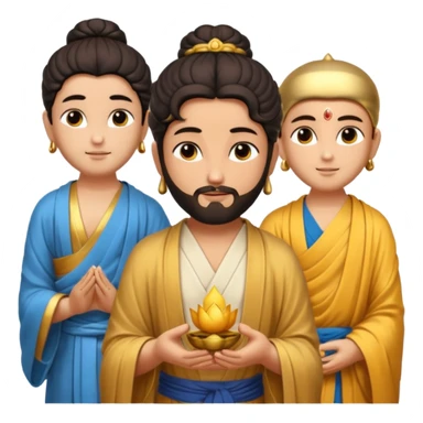 Create a Jesus, Krishna, and Buddha standing together. Buddha: warm golden or light tan skin, dark curled hair with a traditional top bun (ushnisha), half-closed meditative eyes

 sticker