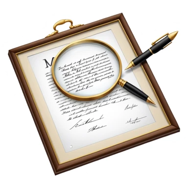 Icon for Autograph Collecting: a signed piece of paper or book page with a famous signature, surrounded by a pen, a magnifying glass, and a collection of framed autographs. Transparent background. sticker