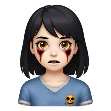 "An 18-year-old girl. Black, medium-length hair below the shoulders, with slightly long side bangs or parted in the middle. Brown eyes. Black eyebrows. In the shape of the zombie emoji '🧟‍♀️,' but without the hands in front." sticker