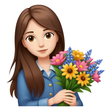 Cool girl with long brown hair and fair skin holding a bouquet of flowers sticker