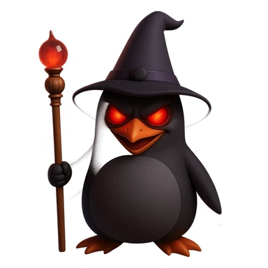 Make the crazy wizard penguin look evil, with a sinister expression, glowing red eyes, and dark magical aura in 3D emoji style. Use the general editor as 3D emoji style does not support editing. sticker